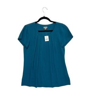 J. Jill Pleated Short Sleeve Blouse NWT Women's Sz XS Cyan Blue Classic Preppy